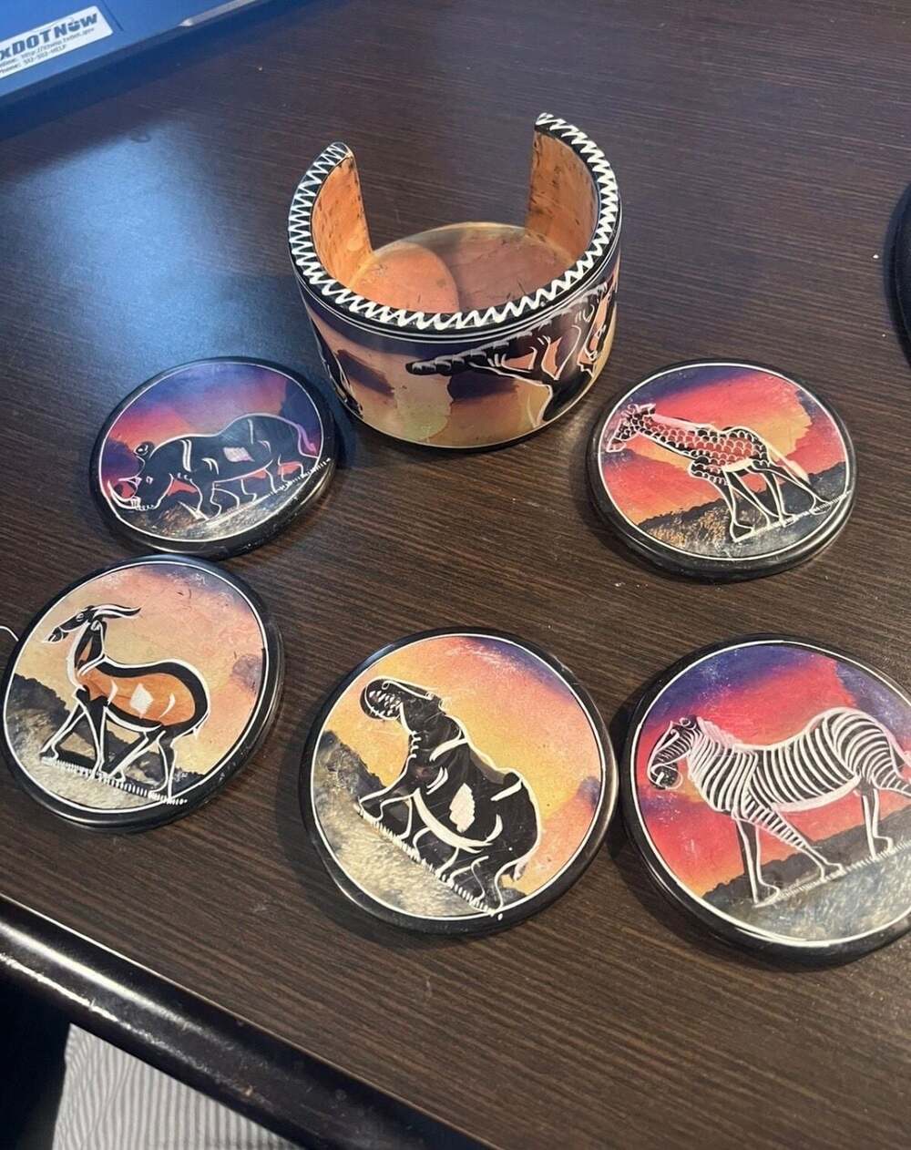 Hand-Carved Kenyan African Soapstone Coaster Set with Holder, Safari Animal Scen